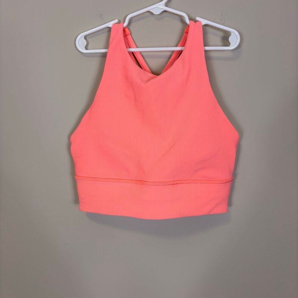 Lululemon Neon Orange Ribbed High Neckline Strappy Back Sports Bra 6
